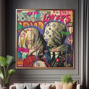 The Lovers Square Pop Art Canvas – vibrant colors in a modern tribute. Available framed or unframed for a bold decor