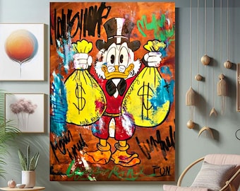 McducK&#39;s Stash Street  Graffiti Canvas Wall Art, Banksy Scrooge McDuck Pop Art Canvas Print, Banksy Style McDuck Home Decor