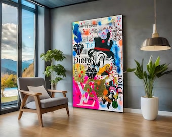McducK&#39;s Time is Mon  Graffiti Canvas Wall Art, Banksy Scrooge McDuck Pop Art Canvas Print, Banksy Style McDuck Home Decor
