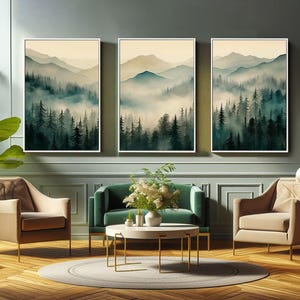 Sage Green Mountain 3 Piece Canvas Wall Art | Watercolor Mountain Landscape | Abstract Nature Print | Modern Minimal Decor