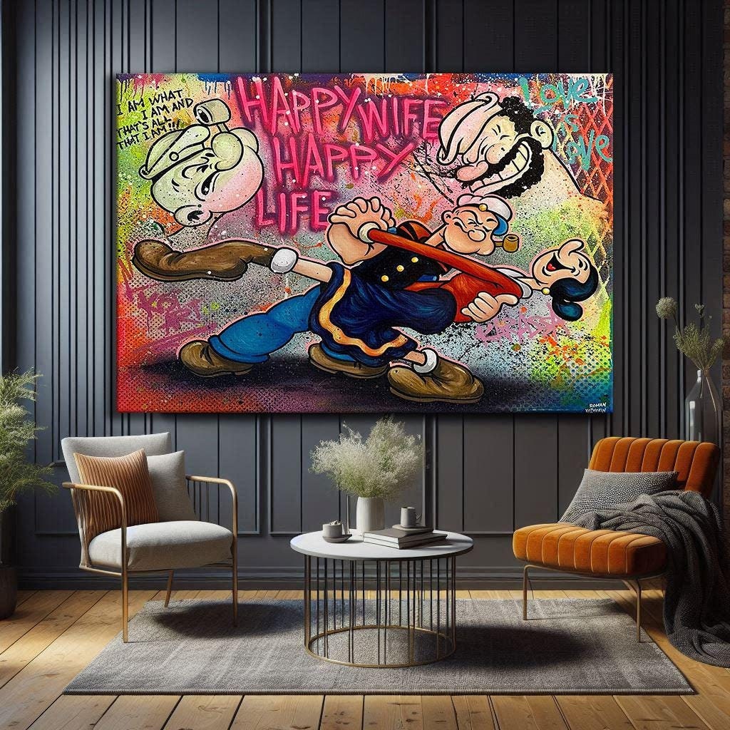 Happy Wife, Happy Life Popeye - Graffiti Canvas Wall Art, Banksy Popeye Pop Art Canvas Print, Banksy Framed Canvas Wall Art
