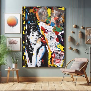 Collage Print  Audrey Hepburn Pop Art Canvas Wall Art, Banksy  Style Pop Art, Audrey Hepburn Street Graffiti Wall Art, Audrey Hepburn Gift