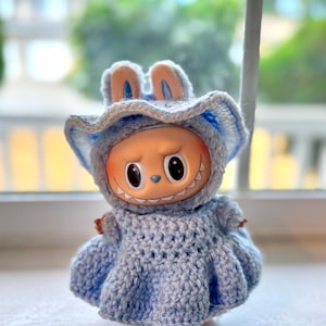 Handmade Crochet Blue Dress & Bonnet Outfit for Labubu Doll – Cute Doll Clothes