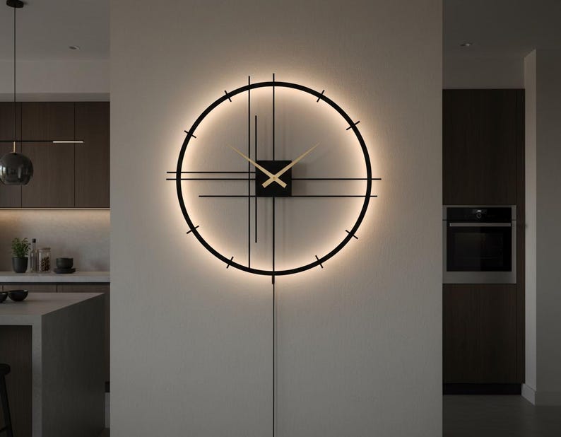 Modern Minimalist LED Metal Wall Clock - Backlit Floating Timepiece - Luxury Home Bar Decor image 5