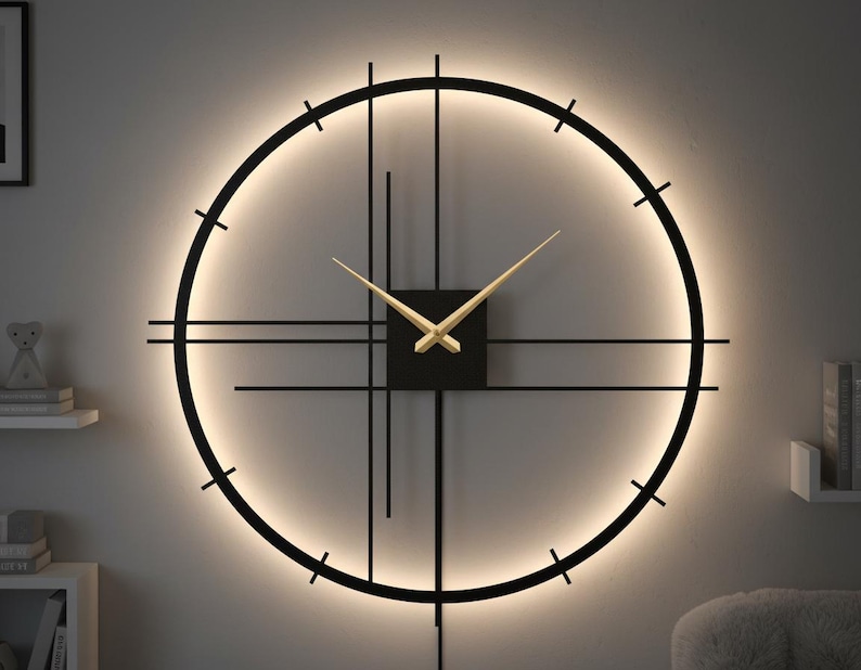 Modern Minimalist LED Metal Wall Clock - Backlit Floating Timepiece - Luxury Home Bar Decor WarmWhite
