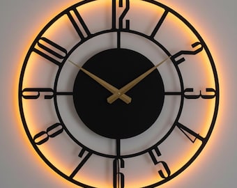 Modern LED Metal Wall Clock - Mid-Century Silent Latin Numbers - Large Home Office Decor