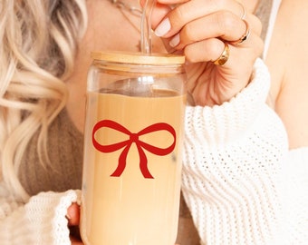 Red Bow Sipper Glass, 16oz - Perfect for Iced Coffee, Tea or Juice. Cute Gift for Coffee Lovers. Glassware, Christmas Gift, Valentines Gift