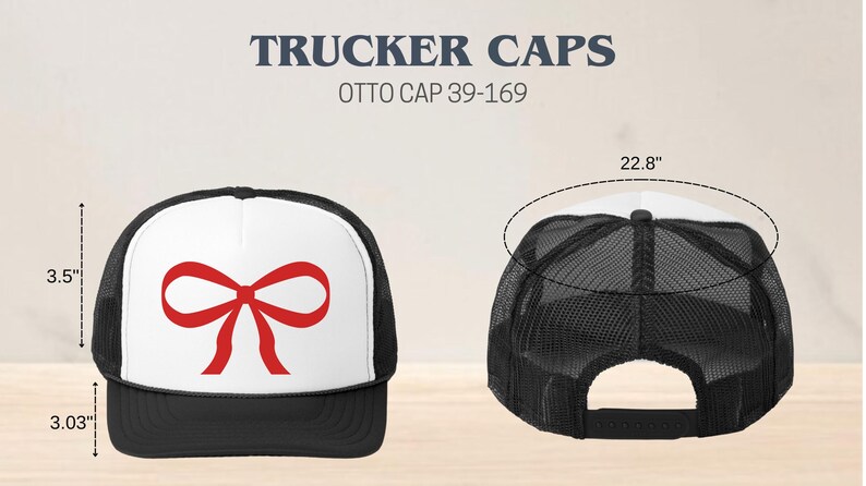 May include: A black and white trucker cap with a red bow on the front. The cap is 3.5 inches tall and 3.03 inches wide. The cap is 22.8 inches in circumference. OTTO CAP 39-169.