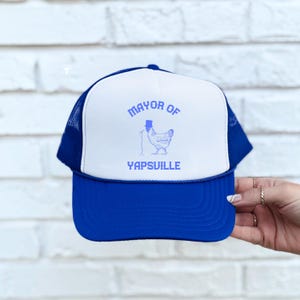 Chicken Trucker Hat Viral Meme Mayor Yapsville Born Yap Funny Gift Idea Humor Black Mesh Snapback Cap Adjustable Foam Front Design Comedy