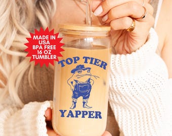 Top Tier Yapper Glass Tumbler, Funny Frog Glassware, Viral Meme Yapper, Born to Yap, 16oz Glass Tumbler with Lid and Straw