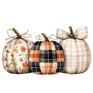 May include: Three decorative pumpkins with unique designs. The pumpkin on the left has a cream background with orange floral accents. The center pumpkin features a black, orange, and white plaid pattern. The right pumpkin has a cream plaid pattern and a bow.