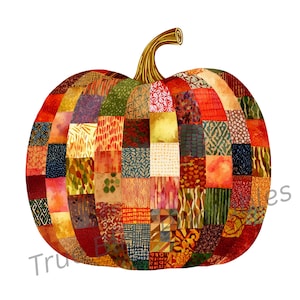 May include: A vibrant patchwork pumpkin illustration. The pumpkin is made up of numerous patterned squares in shades of red, orange, yellow, green, and brown. It features a curved, golden-brown stem. The design evokes autumn and harvest themes.