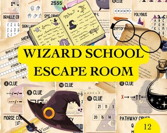 May include: A collection of themed escape room puzzles with a wizard school theme. The image features various clues, including a witch's hat, a potion bottle, a spell book, and the text "WIZARD SCHOOL ESCAPE ROOM". The puzzles are designed for a fun and engaging experience.