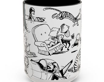 Calvin and Hobbes Coffee Mug (15 Oz) Funny Cartoon Ceramic, Gift for Comic Strip Fan, Classic Comics Character Mug, Colorful Illustration
