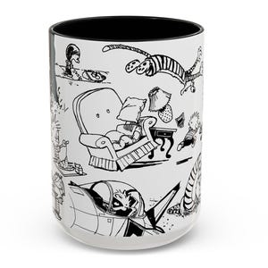 Calvin and Hobbes Coffee Mug (15 Oz) Funny Cartoon Ceramic, Gift for Comic Strip Fan, Classic Comics Character Mug, Colorful Illustration