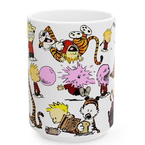 Calvin und Hobbes Keramikbecher (15 Unzen), Kaffeetasse, lustige Teebecher, Cartoon Charakter Küchen Trinkgefäß, Geschenk für Comic Fans, Neuheit