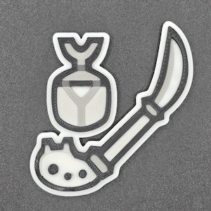 May include: A 3D-printed sticker featuring a stylized design of a cleaver and a bag. The cleaver has a white blade and a black handle. The bag is grey with a white outline. The sticker is on a grey background.