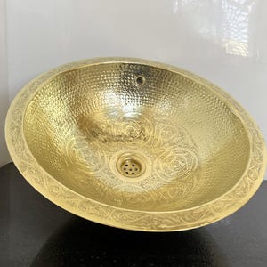 Engraved Brass Bathroom Sink with Overflow Hole, Unlacquered Brass Vessel Sink, Moroccan-Inspired Vanity Sink