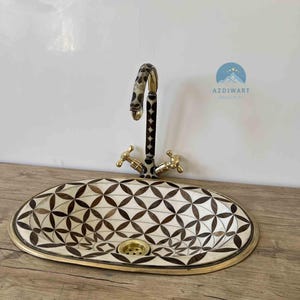 19.7&quot; Handmade Brass Bathroom Sink with Wood, Resin, and Bone Inlay, Luxury Moroccan Sink with Matching Brass Faucet, Custom Vanity Sink Set