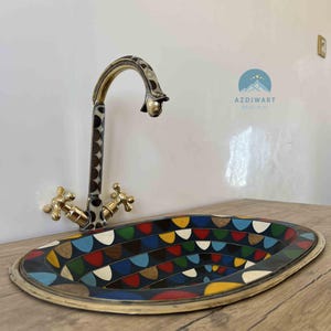 19.7&quot; Solid Brass Drop-In Bathroom Sink Studded with Colored Resin and Wood, Handmade Brass Vanity Sink, Antique Rustic Brass Bathroom Basin