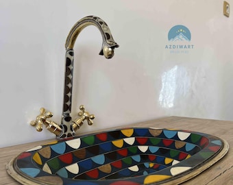 50,5 cm massives Messing Drop-In Badezimmer Waschbecken mit farbigem Harz und Holz, handgefertigtes Messing Waschtisch, antikes rustikales Messing Badezimmer Becken