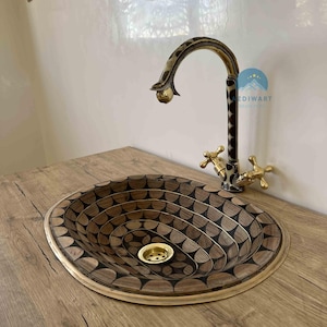 19.7&quot; Brass Handmade Oval Bathroom Sink Studded with Wood and Resin, Handcrafted Brass Oval Drop-in Sink, Antique Powder Room Vanity Sink