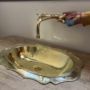 Unlacquered Brass Oval Hammered Vessel Sink for Bathroom & Vanity, Gold Finish Moroccan Handmade Basin