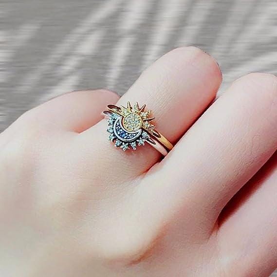 1 Pair Celestial Sun And Moon Ring Set, Sparkling Sun Moon Ring With