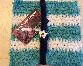 Set Of 3 Crochet Scrubbies Large Size Metal Free Teal & White Scrubby Cotton