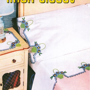 May include: A vintage crochet pattern book cover featuring a white bed with blue and green floral embroidery. The cover text reads "Crochet for your linen closet" and "Linen Closet Book No. 277".