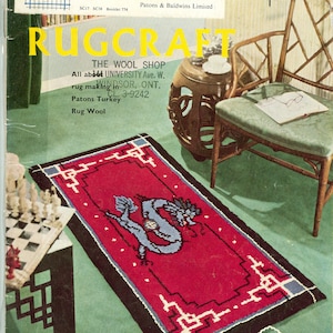 Pu&ograve; includere: Un tappeto rosso con un disegno di drago blu e un bordo nero e bianco. Il tappeto &egrave; su una superficie verde con una sedia di legno e una scacchiera sullo sfondo. Il testo "P&B WOOLS" &egrave; nell'angolo in basso a destra del tappeto.