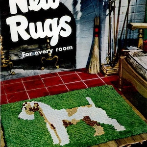 May include: A vintage craft book cover featuring the text "New Rugs" in white letters on a red background. The cover also includes the text "For every room" and "Star Book No. 63" in black text. The image shows a rug with a white dog design on a green background.