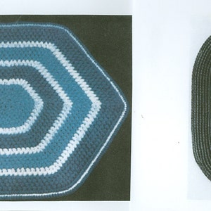 Puede incluir: Dos alfombras de crochet, una hexagonal y otra ovalada, con un patrón concéntrico de rayas azules y blancas.