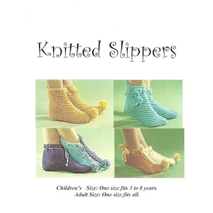 May include: Knitted slippers in blue, yellow, and purple with pom-poms. Children's Size: One size fits 3 to 8 years. Adult Size: One size fits all.