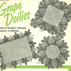 May include: A vintage crochet pattern for grape doilies. The pattern includes instructions for making round, square, and oblong doilies. The pattern is titled "Grape Doilies" and includes the text "Easy to Crochet - Round, Square or Oblong".