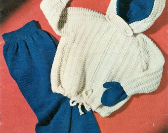 Baby Lined Hooded Zippered Jacket & Pants and  Mittens Knitting Pattern Pdf Instant Download