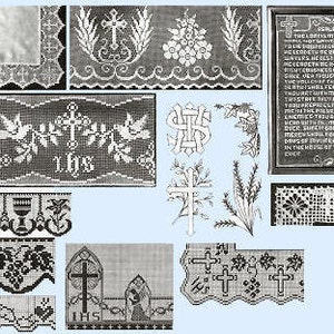 May include: A collection of vintage lace and embroidered religious motifs, including crosses, floral patterns, and text. The designs are in white and off-white, with intricate details. The image includes a framed text of a religious verse.