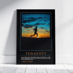 Motywacyjny plakat Tenacity - oprawiona sztuka ścienna z cytatem Edisona do biura, siłowni lub sypialni - inspirujący wystrój