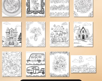 12 Coloring Pages, Digital Download, Assorted themes; flowers, houses, trailer, graphic designs