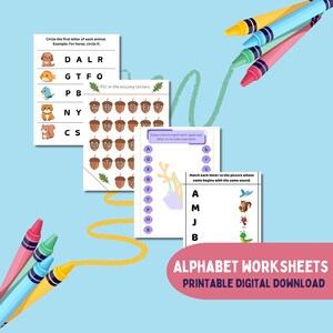 4 hojas de trabajo del alfabeto para niños, reconocimiento, correspondencia, sonidos, descarga imprimible