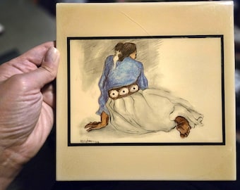 Vintage R.C. Gorman Woman With Concho Art Tile 1976 | Ceramic Wall Hanging 8x8 | Southwestern Decor Native American Art | ARTile