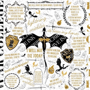 May include: Black and gold graphic design with text that reads "War College" and "Basgiath". The design features dragons, swords, and other fantasy elements. The text also includes quotes about courage, leadership, and resilience.