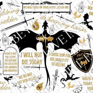 May include: A white background with black and gold text and images. The text includes quotes from the popular TV show Game of Thrones. The images include dragons, swords, and other fantasy elements.