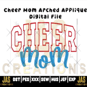 May include: A digital file design featuring the words "Cheer Mom" in a script font, with "CHEER" in a bold, arched, collegiate-style font. The design is in red, blue, and tan colors, with the text "Digital File" at the top.