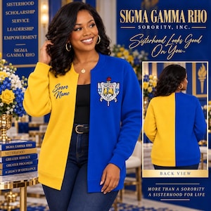 May include: A colour-blocked bomber jacket featuring a yellow right side and a royal blue left side. The jacket displays the Sigma Gamma Rho Sorority, Inc. crest on the left chest and the text Soror Name embroidered in blue on the right chest.