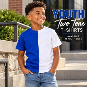 Youth Two Tone Split T-Shirt, Color Block Half Tee, Unisex Cotton Blend