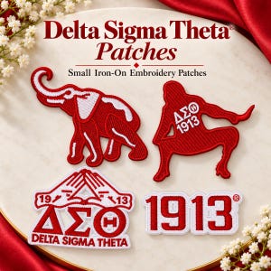 May include: Four red and white iron-on embroidery patches featuring Delta Sigma Theta branding. Designs include an elephant, a crouching figure with Greek letters, a hand sign emblem with the text Delta Sigma Theta, and the number 1913.