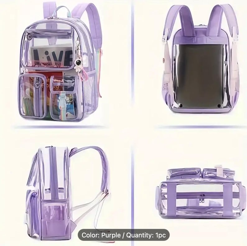 May include: A clear purple backpack with multiple compartments, including a front pocket and side pockets. The backpack has purple straps and a handle. The word "LIVE" is visible inside the main compartment. A small charm hangs from the zipper.