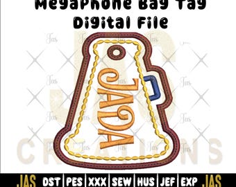 Megaphone Bag Tag Embroidery Design: Cheerleading Applique (Digital File)