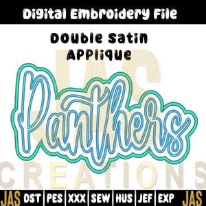 May include: Digital embroidery file with the word "Panthers" in a blue and teal script font, double satin applique design. The design is outlined in teal and white. Includes various file formats.